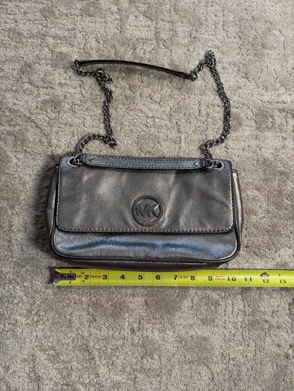 Michael Kors Metallic Gunmetal Silver Flap Shoulder Bag Chain Strap MK Medallion